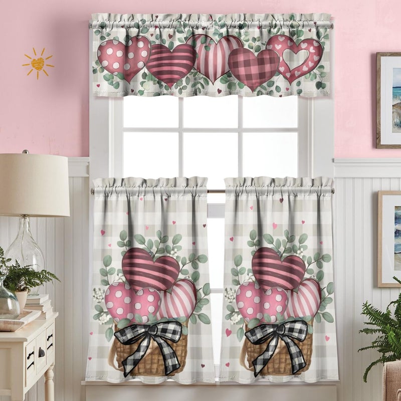Xsinufn Valentines Day Kitchen Curtains Valances and Tiers 3 Piece Set,Eucalyptus Buffalo Plaid Love Hearts Farmhouse Rod Pocket Kitchen Cafe Curtain Over Sink Window for Autumn Decor 36 Inch (Pink) - Image 2